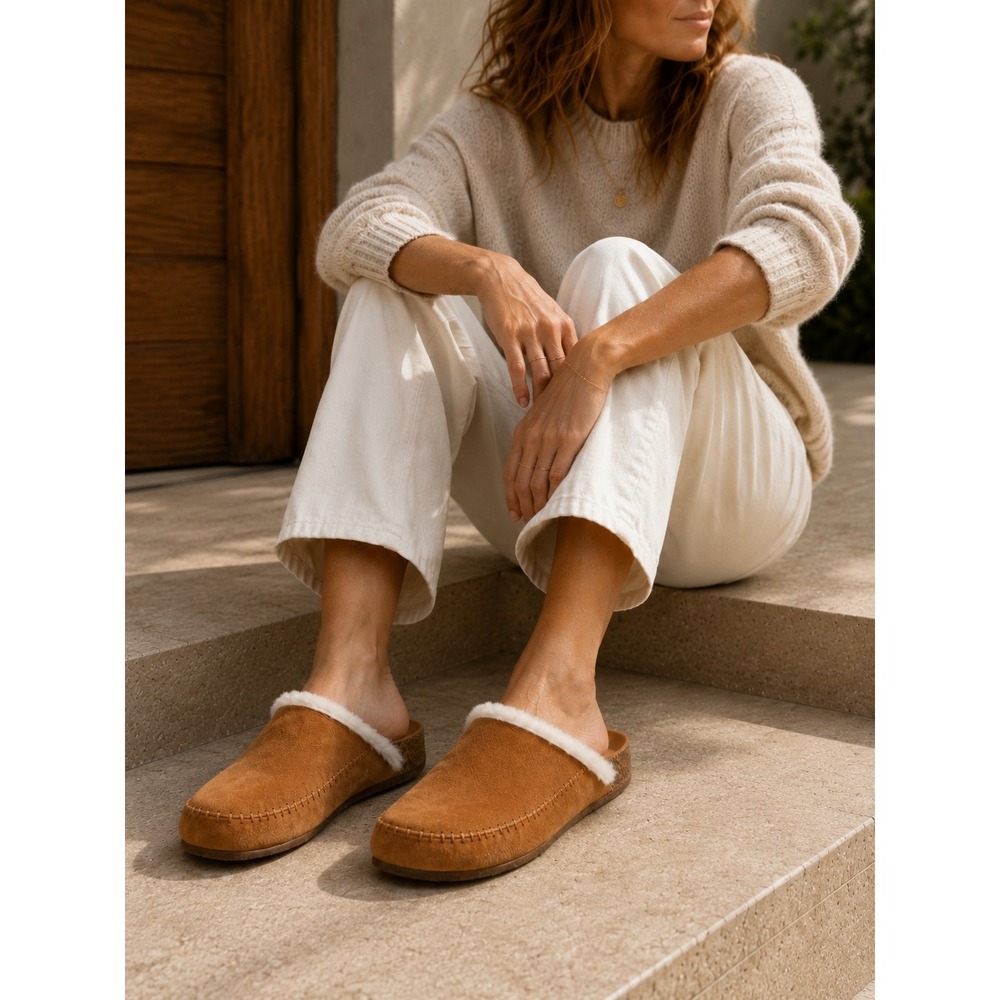 Jenni Kayne Shearling-Lined Moc Clog Saddle Suede Cork Italy 38 US 8